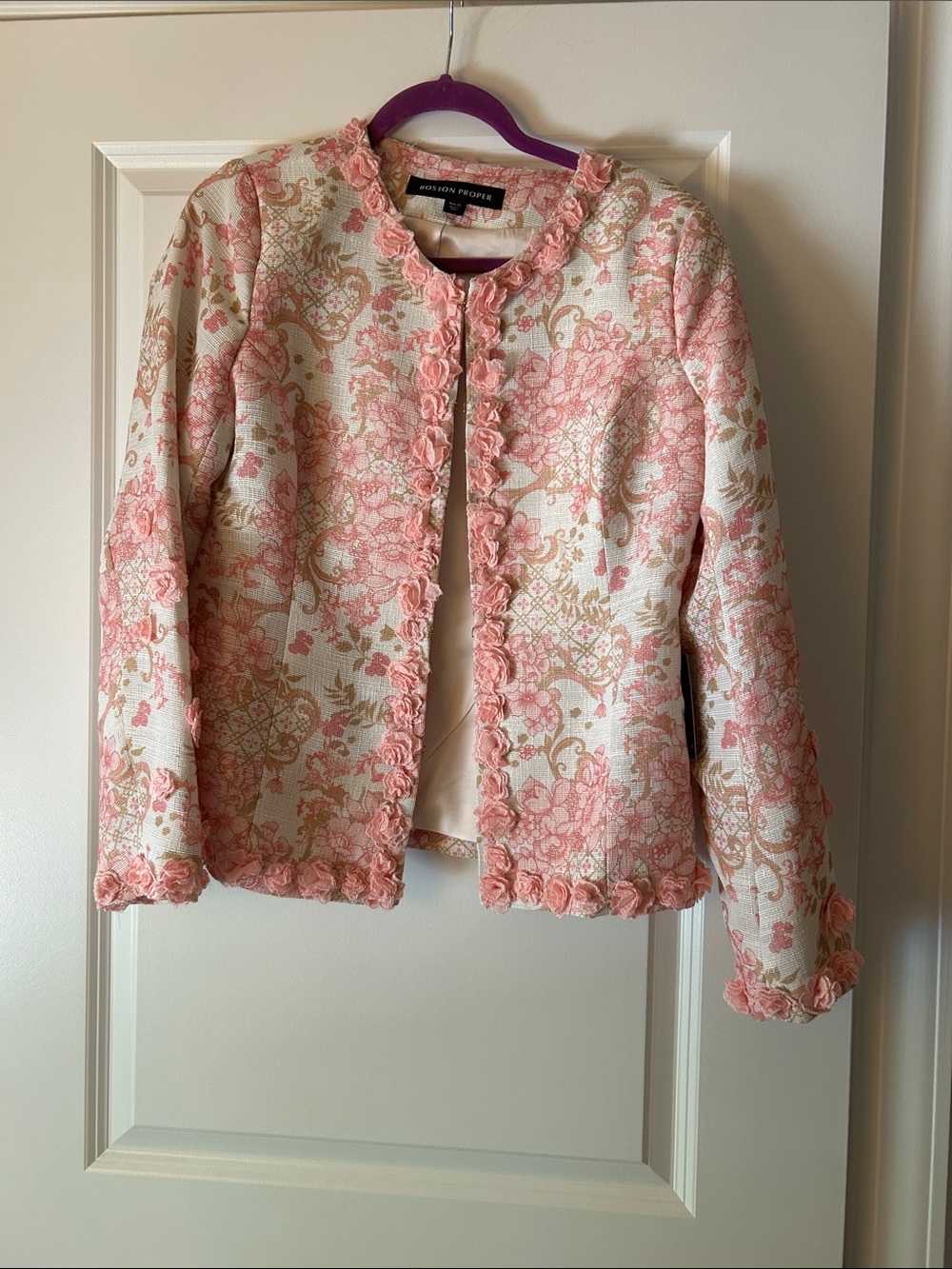Boston Proper Cream and Pink Floral Bouclé Jacket